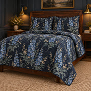 Delphinium Midnight Botanical quilt set, right oblique angle, AI generated mockup