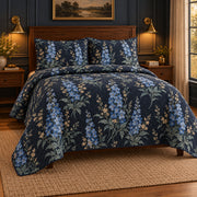 Delphinium Midnight Botanical quilt set, alternate room view, AI generated mockup