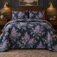 Lilac Midnight Floral Quilt Set, Cozy Dark Botanical Bedding, Gift for Her