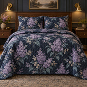 Lilac Midnight Botanical quilt set, front view, AI generated mockup