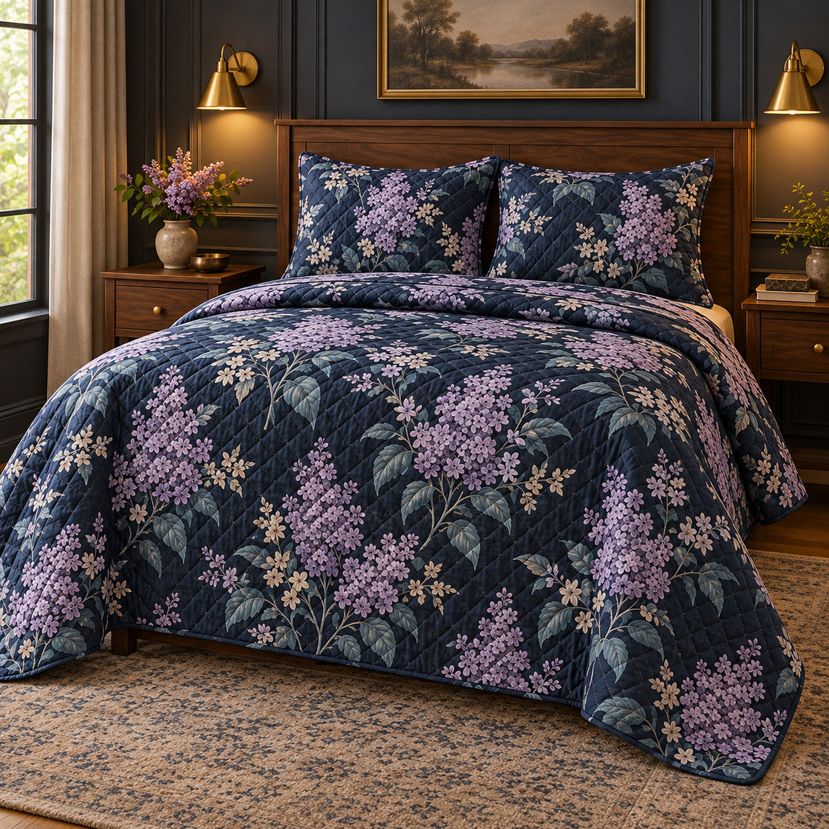 Lilac Midnight Botanical quilt set, left angle, AI generated mockup