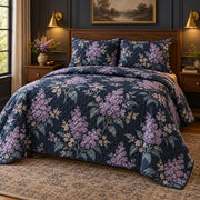 Lilac Midnight Botanical quilt set, left angle, AI generated mockup