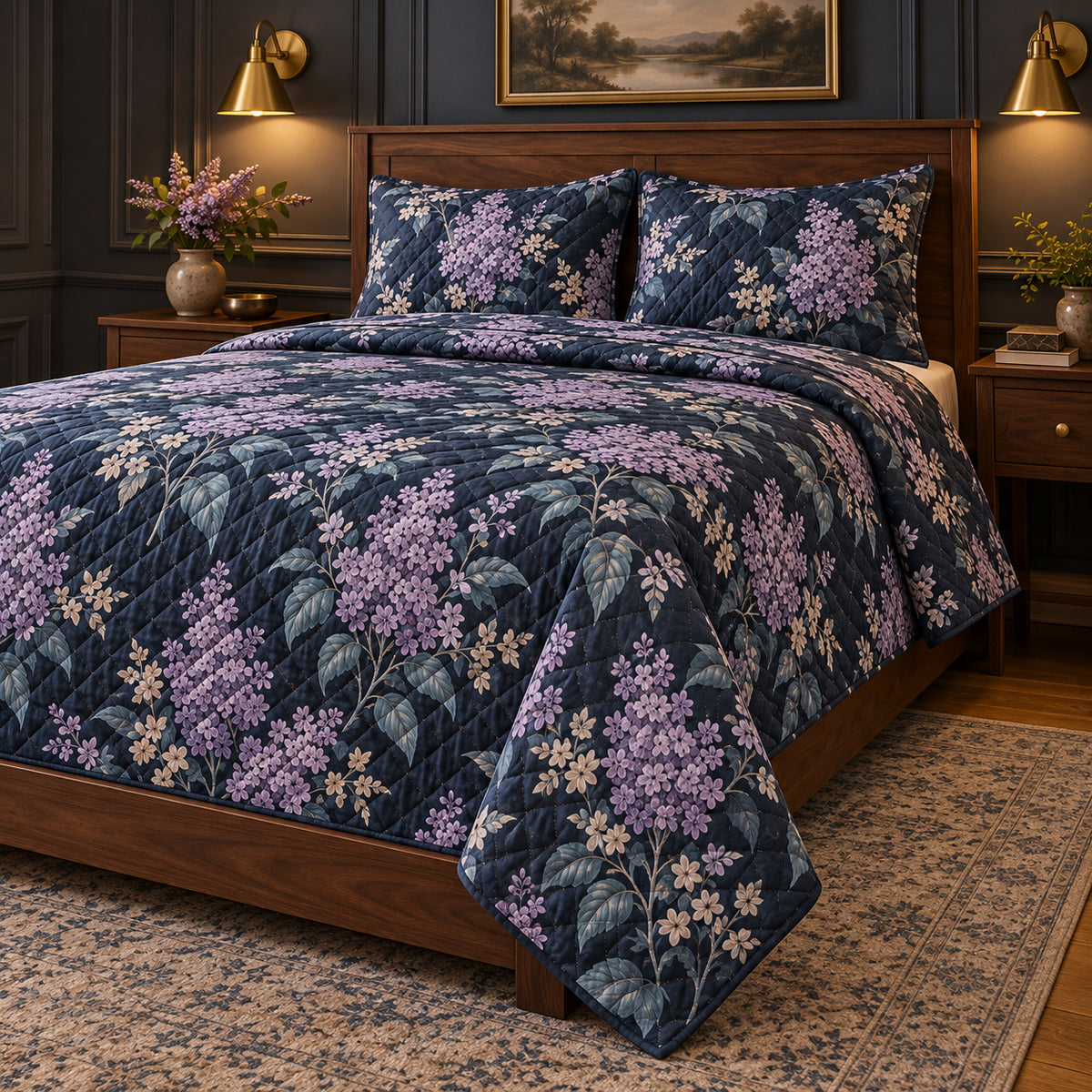Lilac Midnight Botanical quilt set, right oblique angle, AI generated mockup