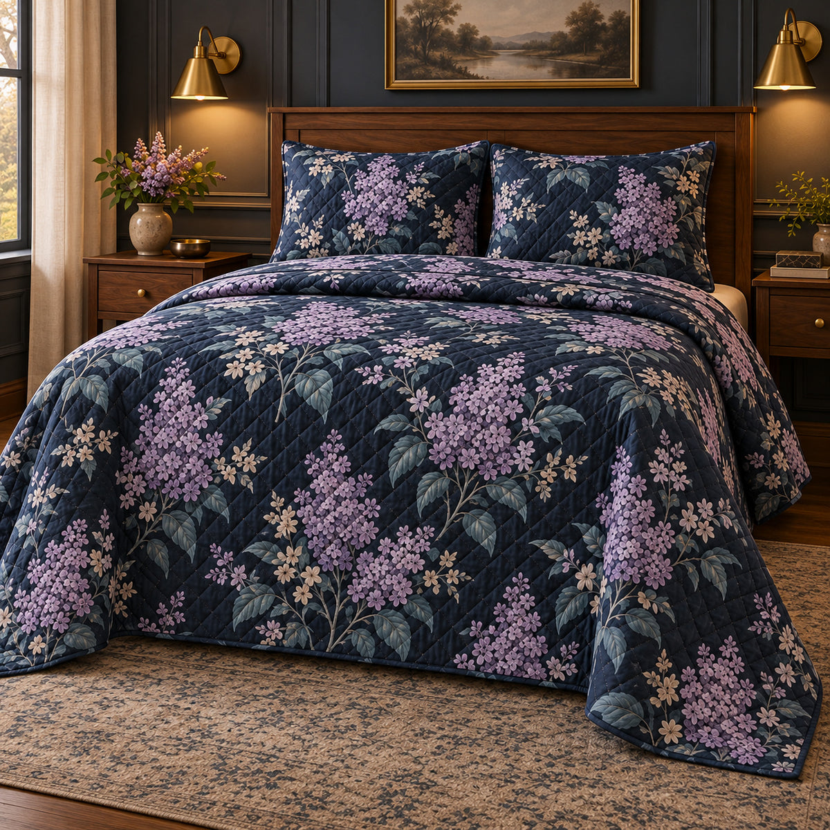 Lilac Midnight Botanical quilt set, alternate room view, AI generated mockup