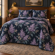 Lilac Midnight Botanical quilt set, alternate room view, AI generated mockup