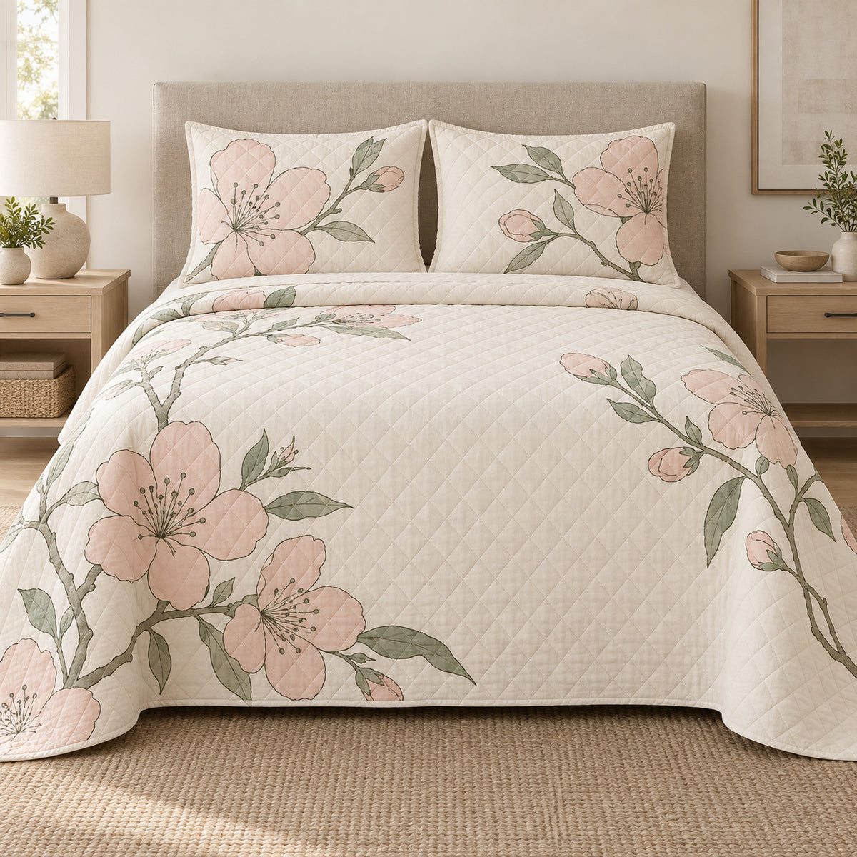 Almond Blossom Quiet Line Bloom quilt set, front view, AI-generated mockup with diamond quilting
