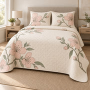 Almond Blossom Quiet Line Bloom quilt set, left view, AI-generated mockup with diamond quilting