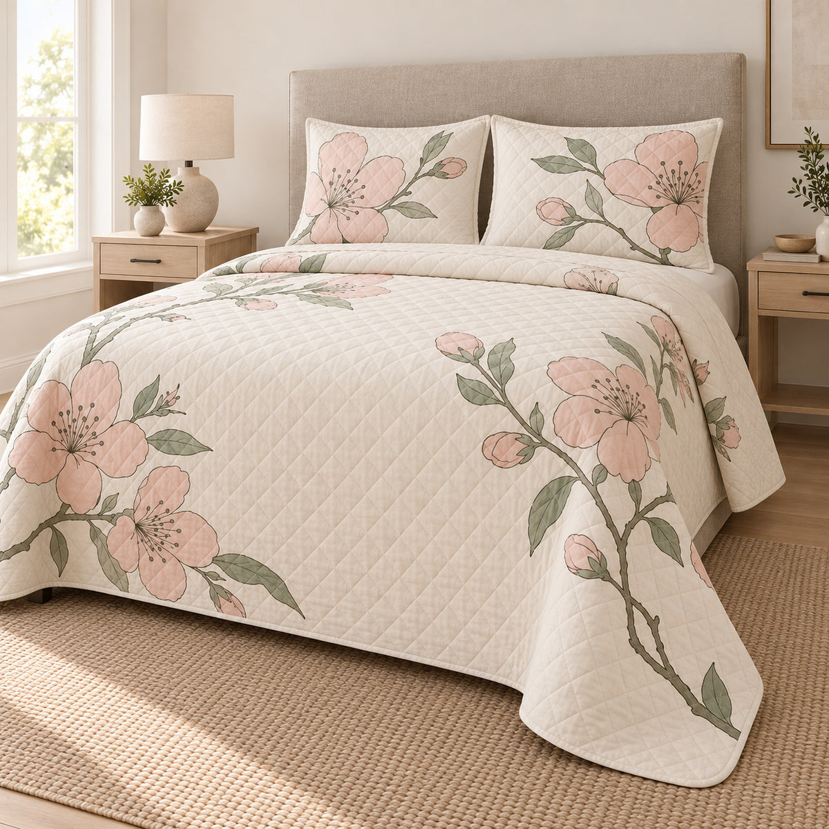 Almond Blossom Quiet Line Bloom quilt set, right view, AI-generated mockup with diamond quilting