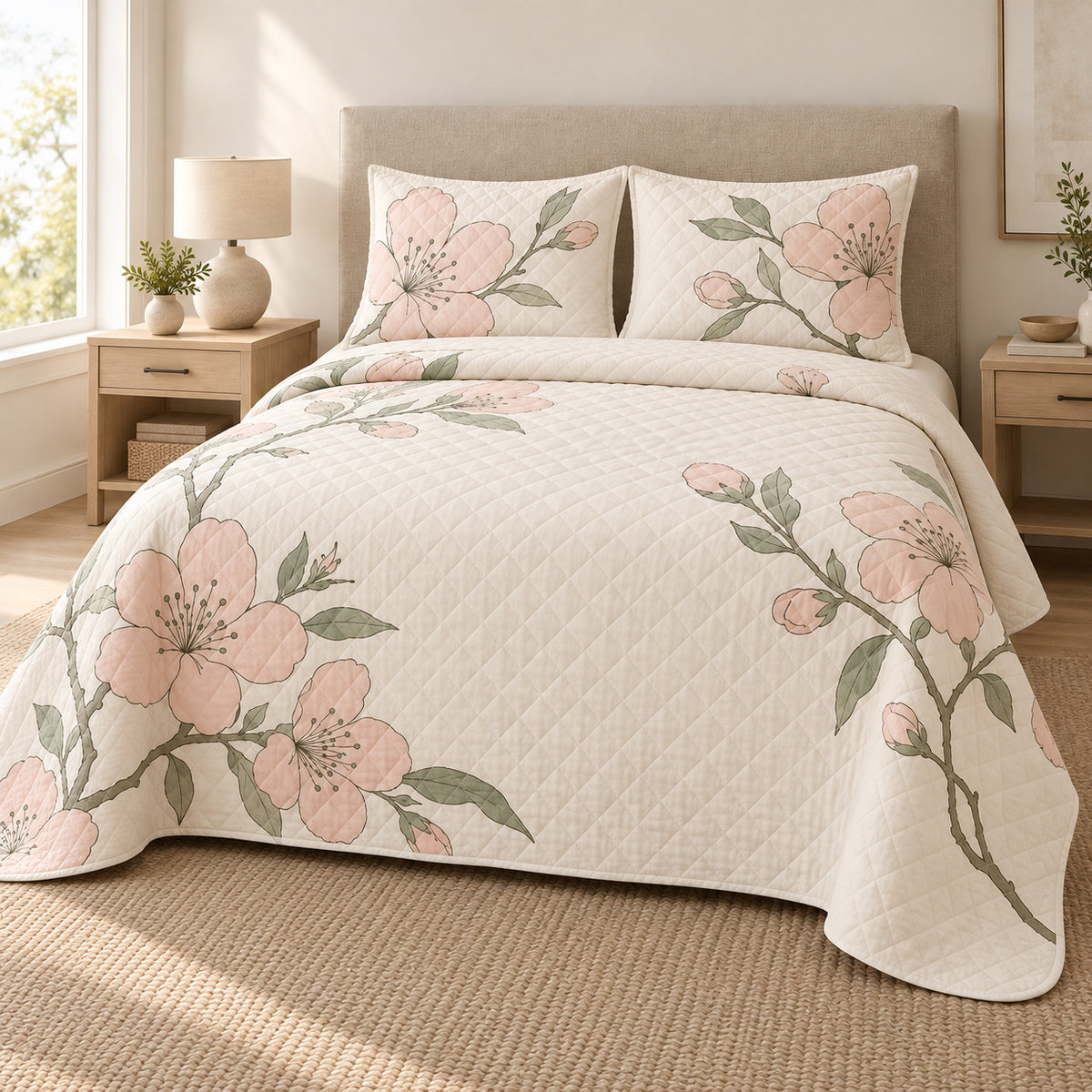 Almond Blossom Quiet Line Bloom quilt set, alternate view, AI-generated mockup with diamond quilting