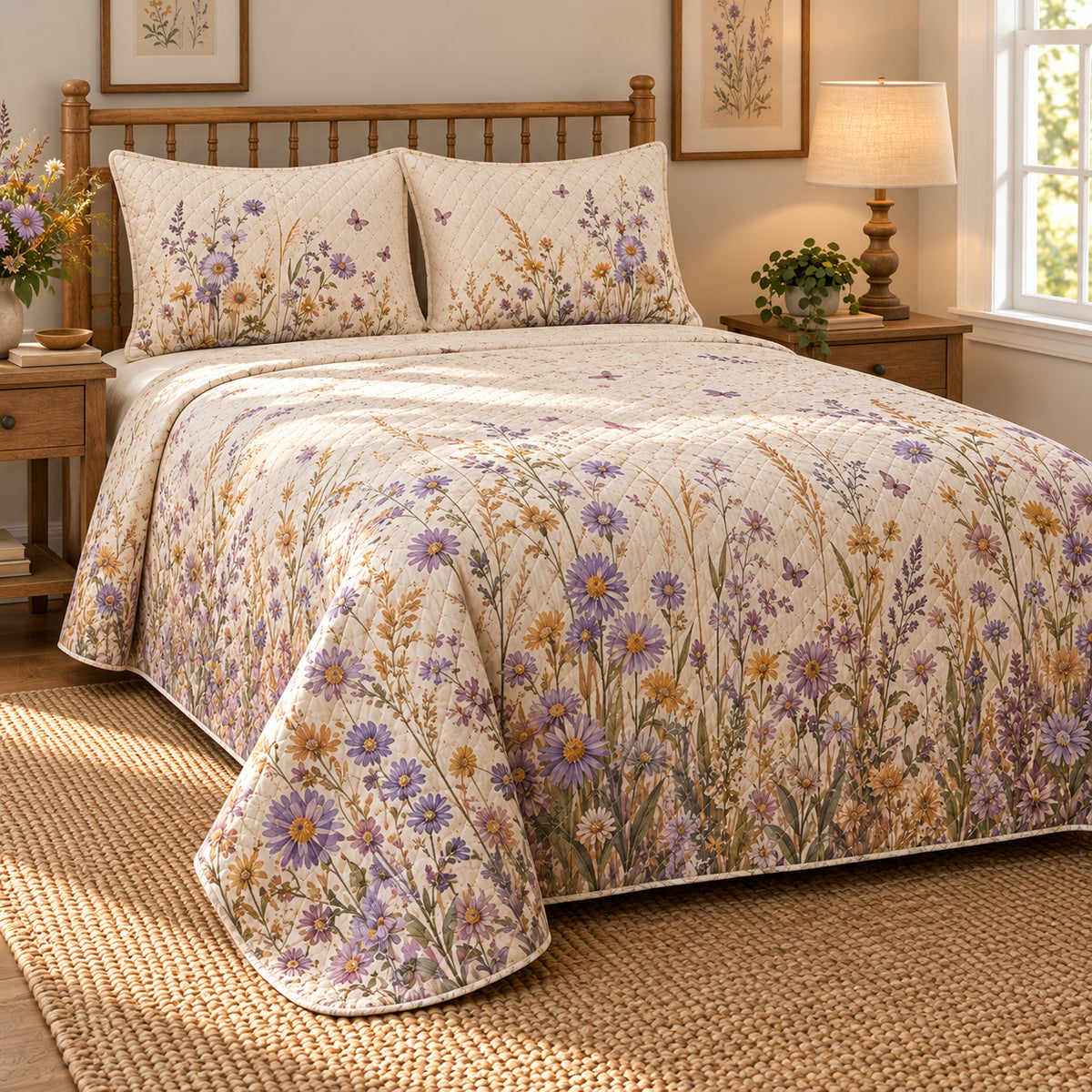 Aster Wild Meadow Walk quilt set, left view, AI-generated mockup with diamond quilting