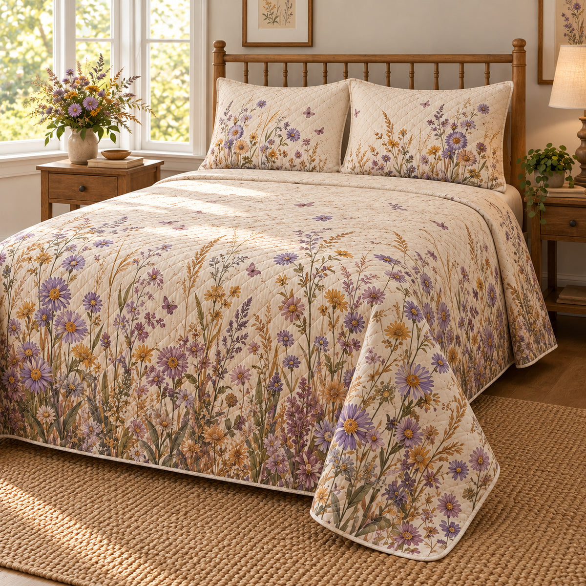 Aster Wild Meadow Walk quilt set, right view, AI-generated mockup with diamond quilting