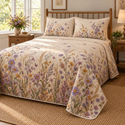 Aster Wild Meadow Walk quilt set, right view, AI-generated mockup with diamond quilting