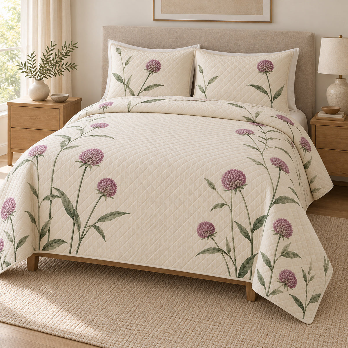 Globe Amaranth Quiet Line Bloom quilt set, left view, AI-generated mockup with diamond quilting
