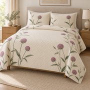 Globe Amaranth Quiet Line Bloom quilt set, left view, AI-generated mockup with diamond quilting