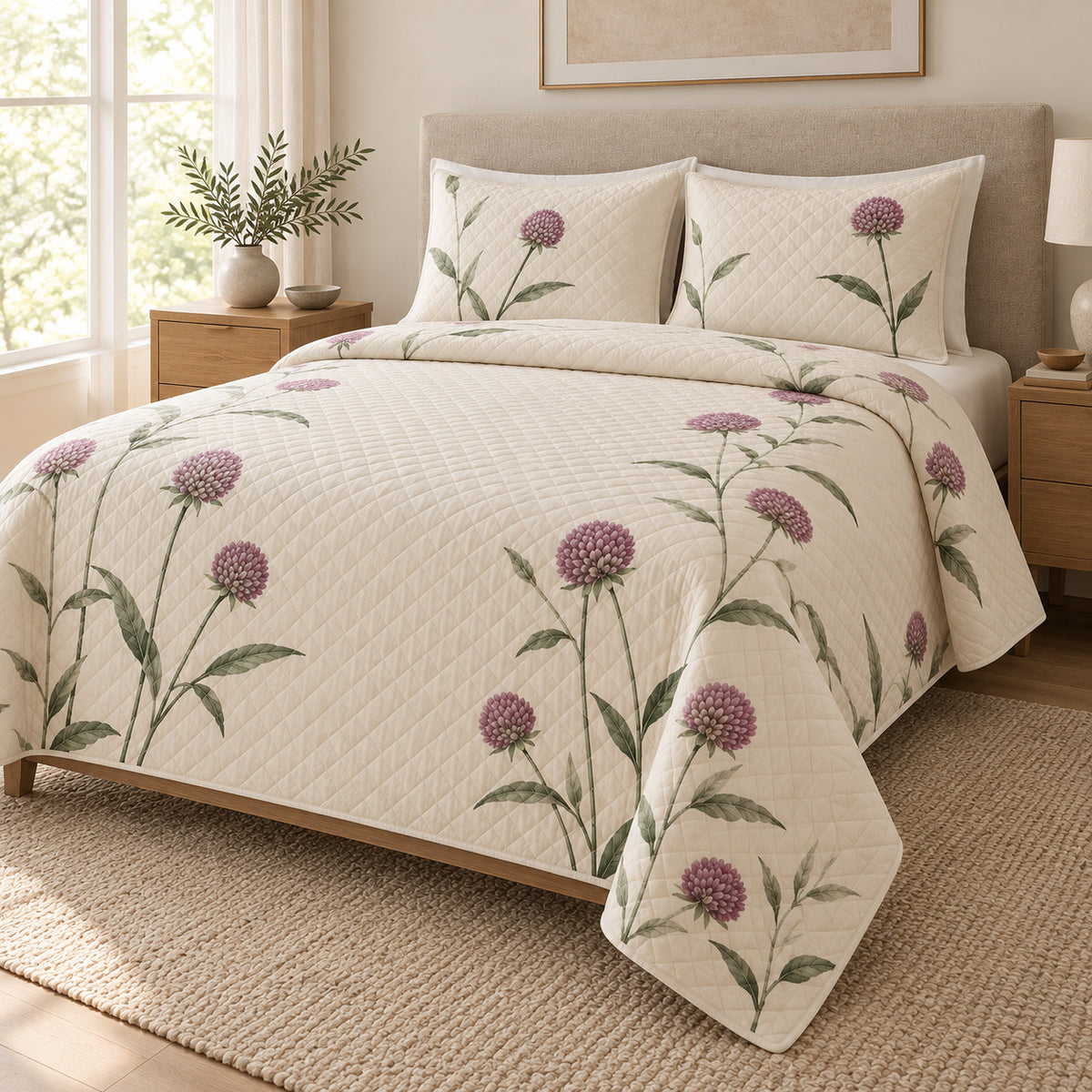 Globe Amaranth Quiet Line Bloom quilt set, right view, AI-generated mockup with diamond quilting
