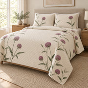 Globe Amaranth Quiet Line Bloom quilt set, right view, AI-generated mockup with diamond quilting