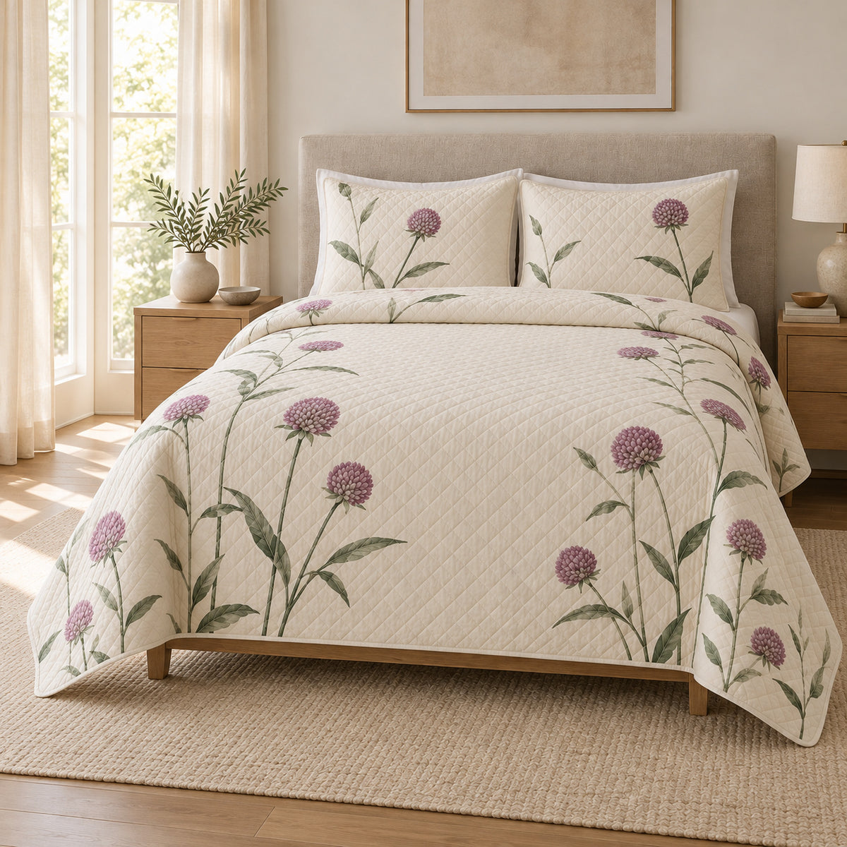 Globe Amaranth Quiet Line Bloom quilt set, alternate view, AI-generated mockup with diamond quilting