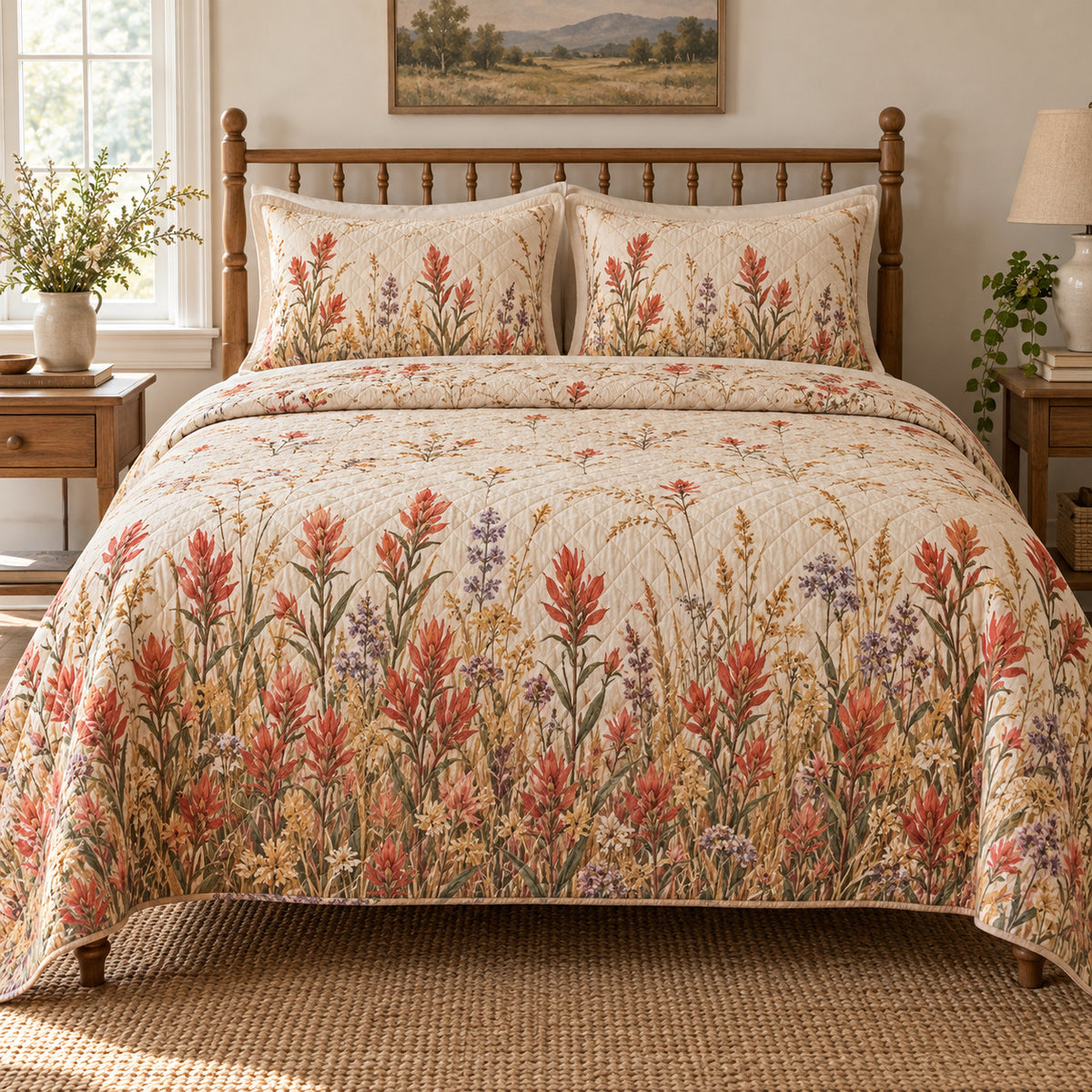 Indian Paintbrush Wild Meadow Walk quilt set, front view, AI-generated mockup with diamond quilting