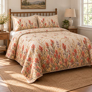 Indian Paintbrush Wild Meadow Walk quilt set, left view, AI-generated mockup with diamond quilting