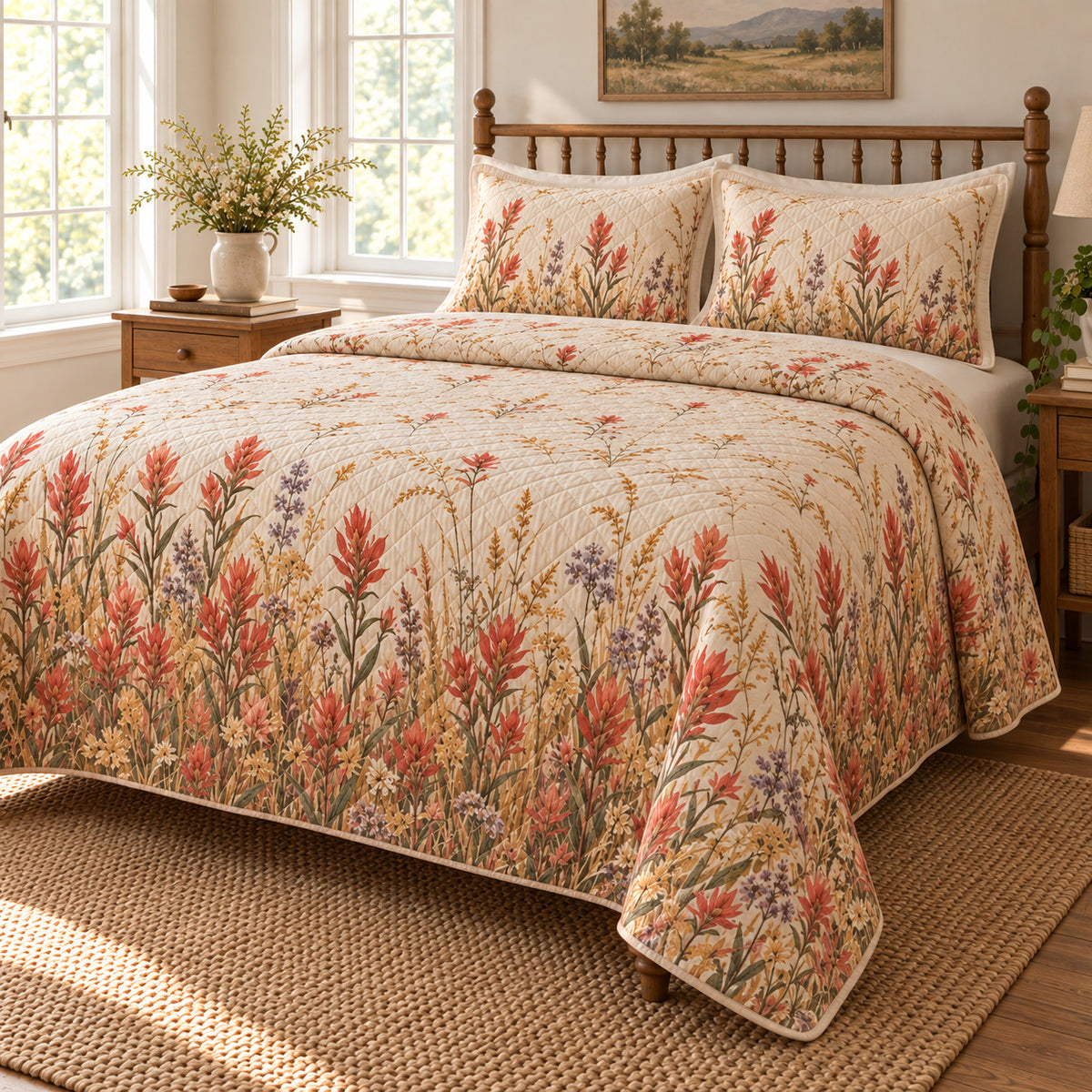 Indian Paintbrush Wild Meadow Walk quilt set, right view, AI-generated mockup with diamond quilting