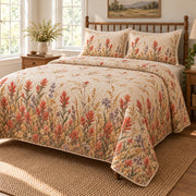 Indian Paintbrush Wild Meadow Walk quilt set, right view, AI-generated mockup with diamond quilting
