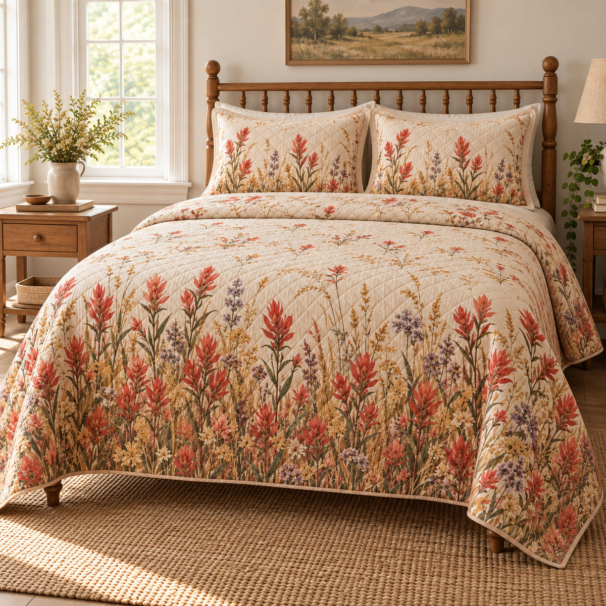 Indian Paintbrush Wild Meadow Walk quilt set, alternate view, AI-generated mockup with diamond quilting