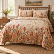 Indian Paintbrush Wild Meadow Walk quilt set, alternate view, AI-generated mockup with diamond quilting