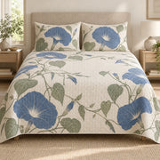 Morning Glory Quiet Line Bloom quilt set, front view, AI-generated mockup with diamond quilting