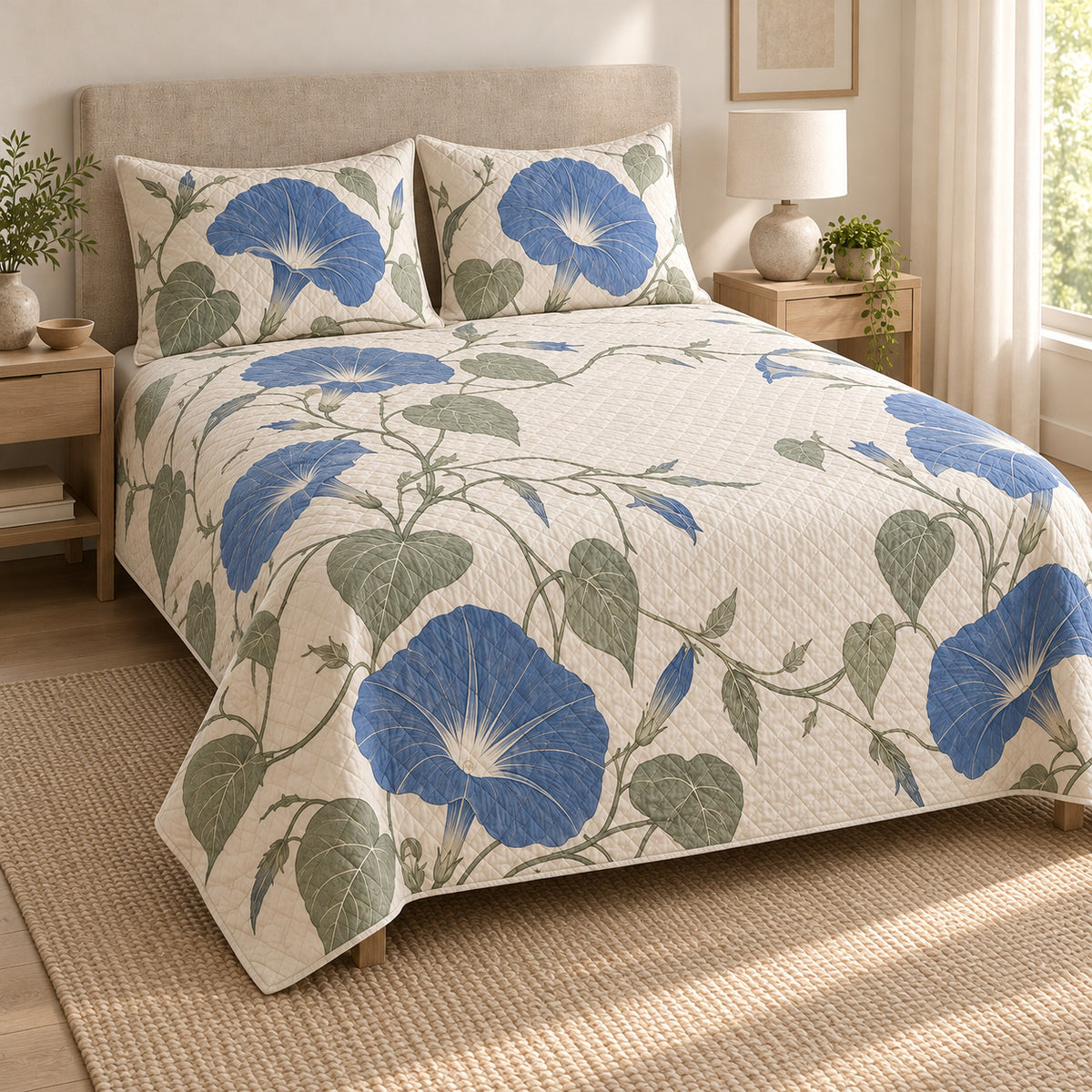 Morning Glory Quiet Line Bloom quilt set, left view, AI-generated mockup with diamond quilting