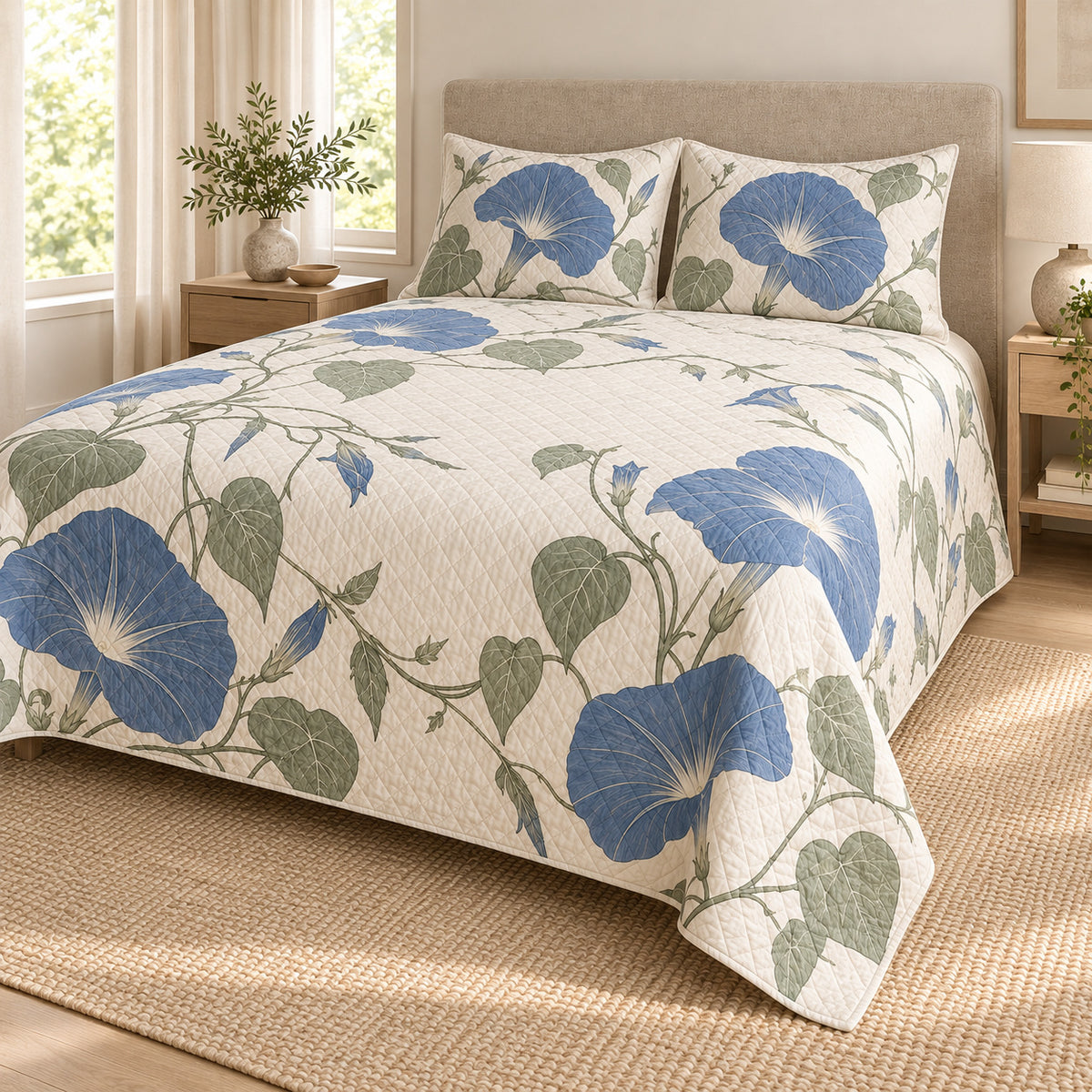 Morning Glory Quiet Line Bloom quilt set, right view, AI-generated mockup with diamond quilting