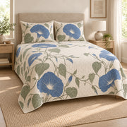 Morning Glory Quiet Line Bloom quilt set, alternate view, AI-generated mockup with diamond quilting