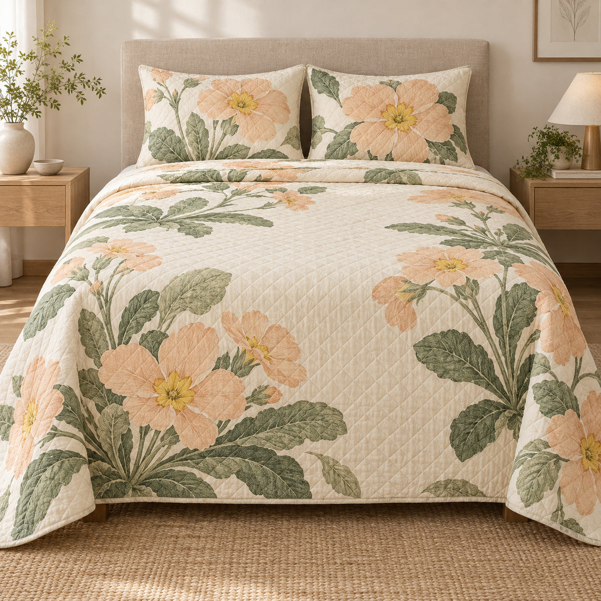 Primrose Quiet Line Bloom quilt set, front view, AI-generated mockup with diamond quilting