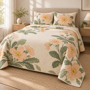 Primrose Quiet Line Bloom quilt set, left view, AI-generated mockup with diamond quilting