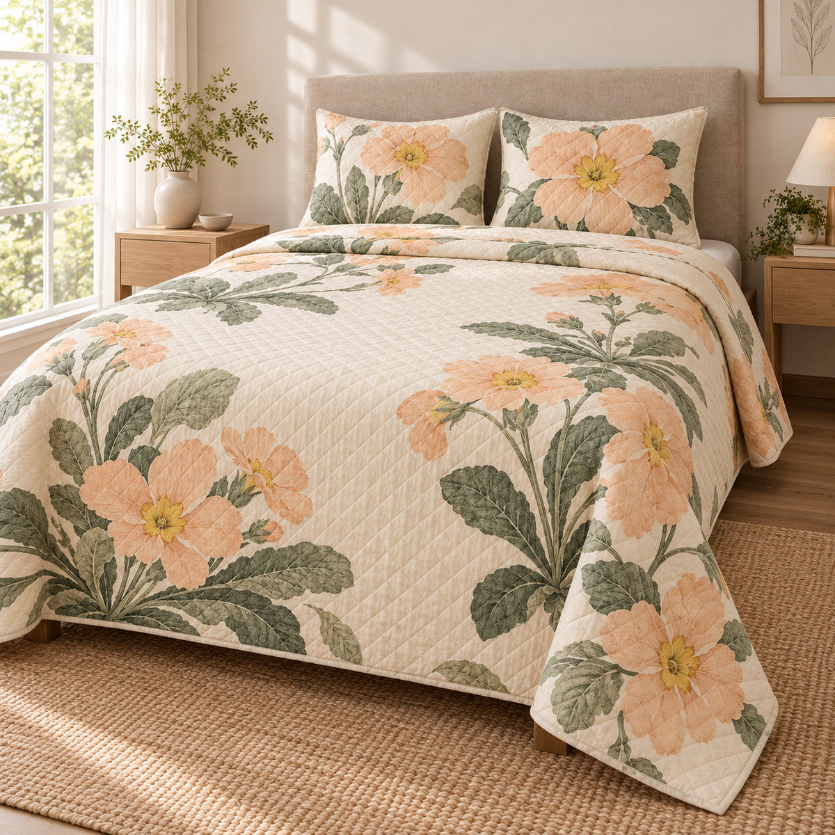Primrose Quiet Line Bloom quilt set, right view, AI-generated mockup with diamond quilting