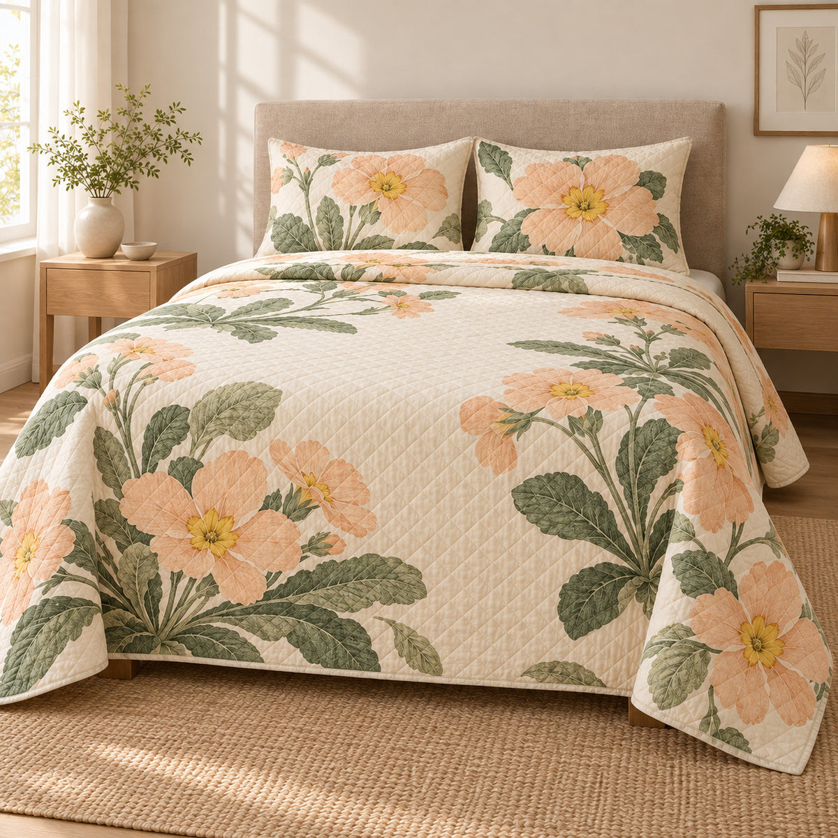 Primrose Quiet Line Bloom quilt set, alternate view, AI-generated mockup with diamond quilting