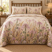 Spider Flower Wild Meadow Walk quilt set, front view, AI-generated mockup with diamond quilting
