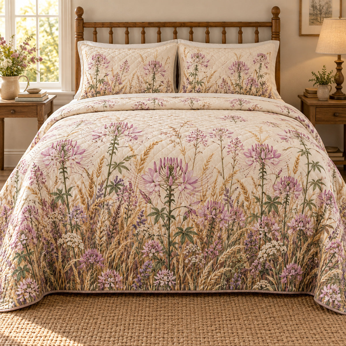 Spider Flower Wild Meadow Walk quilt set, front view, AI-generated mockup with diamond quilting
