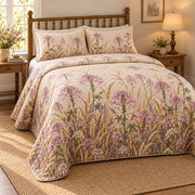 Spider Flower Wild Meadow Walk quilt set, left view, AI-generated mockup with diamond quilting