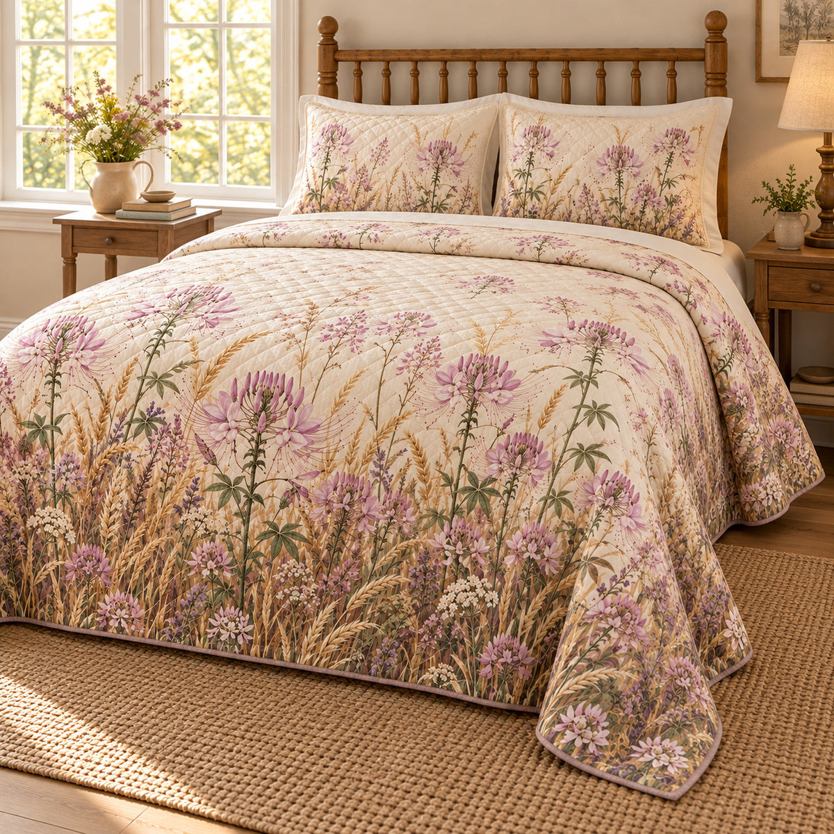 Spider Flower Wild Meadow Walk quilt set, right view, AI-generated mockup with diamond quilting