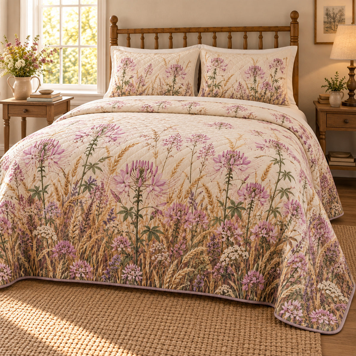 Spider Flower Wild Meadow Walk quilt set, alternate view, AI-generated mockup with diamond quilting