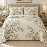 Sweet Alyssum Quiet Line Bloom quilt set, front view, AI-generated mockup with diamond quilting