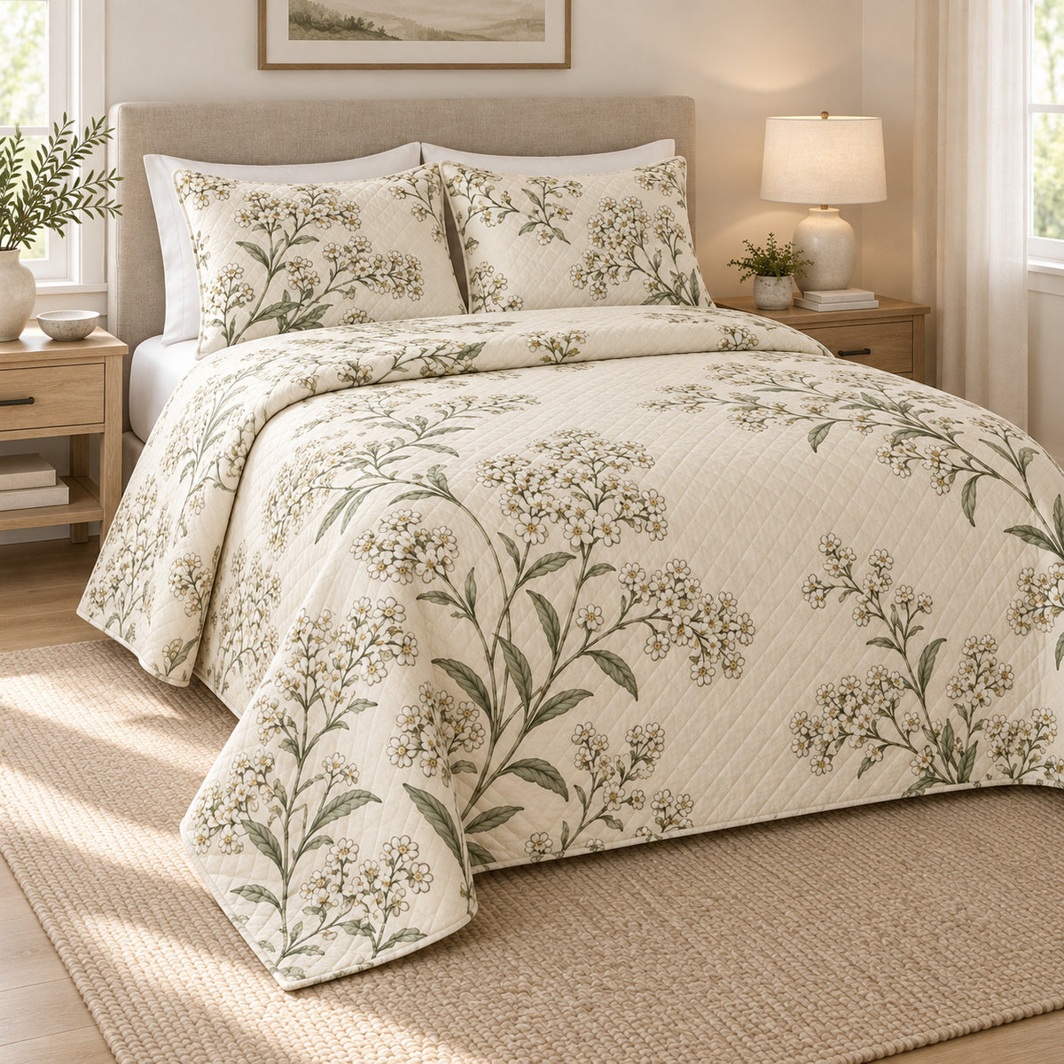 Sweet Alyssum Quiet Line Bloom quilt set, left view, AI-generated mockup with diamond quilting