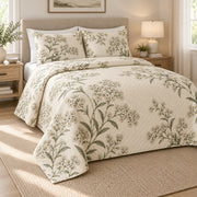 Sweet Alyssum Quiet Line Bloom quilt set, left view, AI-generated mockup with diamond quilting