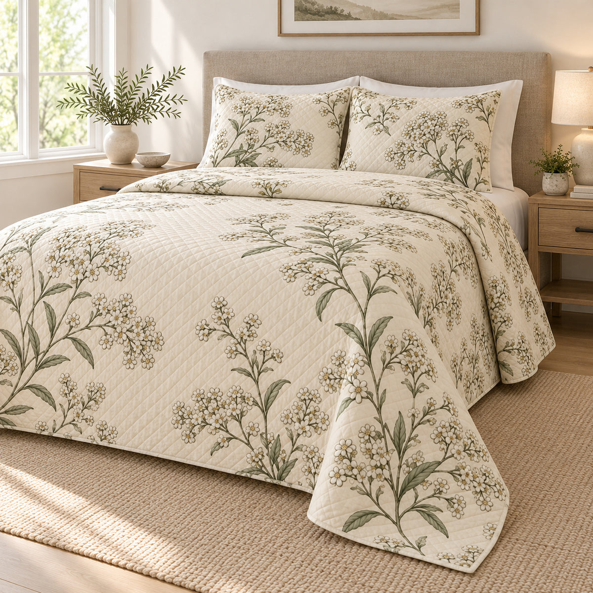 Sweet Alyssum Quiet Line Bloom quilt set, right view, AI-generated mockup with diamond quilting