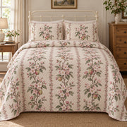 Apple Blossom Orchard Blossom Story quilt set, front view, AI-generated mockup with diamond quilting