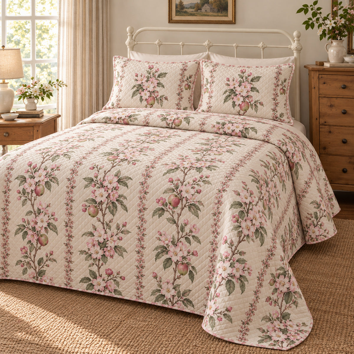 Apple Blossom Orchard Blossom Story quilt set, left view, AI-generated mockup with diamond quilting