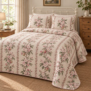 Apple Blossom Orchard Blossom Story quilt set, left view, AI-generated mockup with diamond quilting