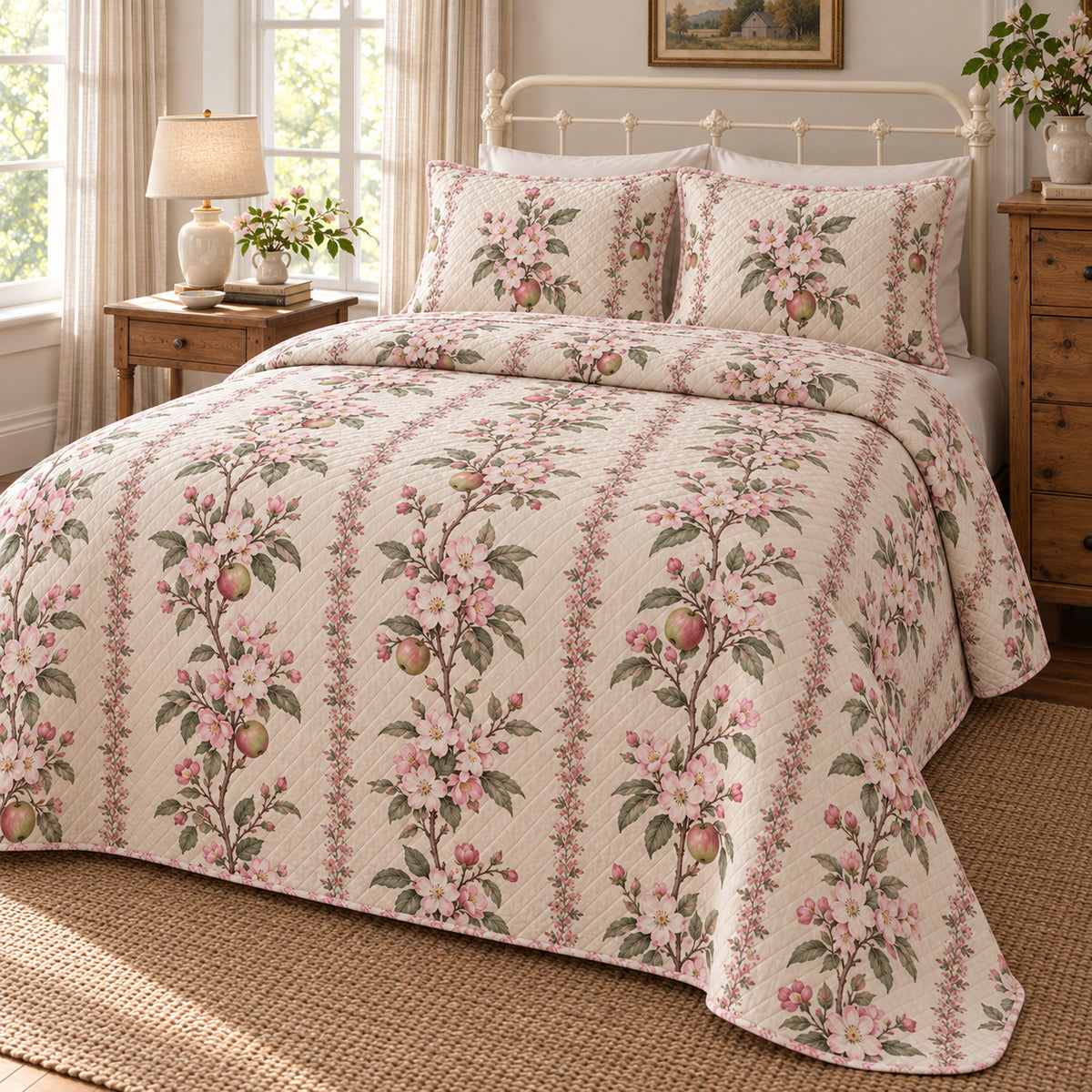 Apple Blossom Orchard Blossom Story quilt set, right view, AI-generated mockup with diamond quilting