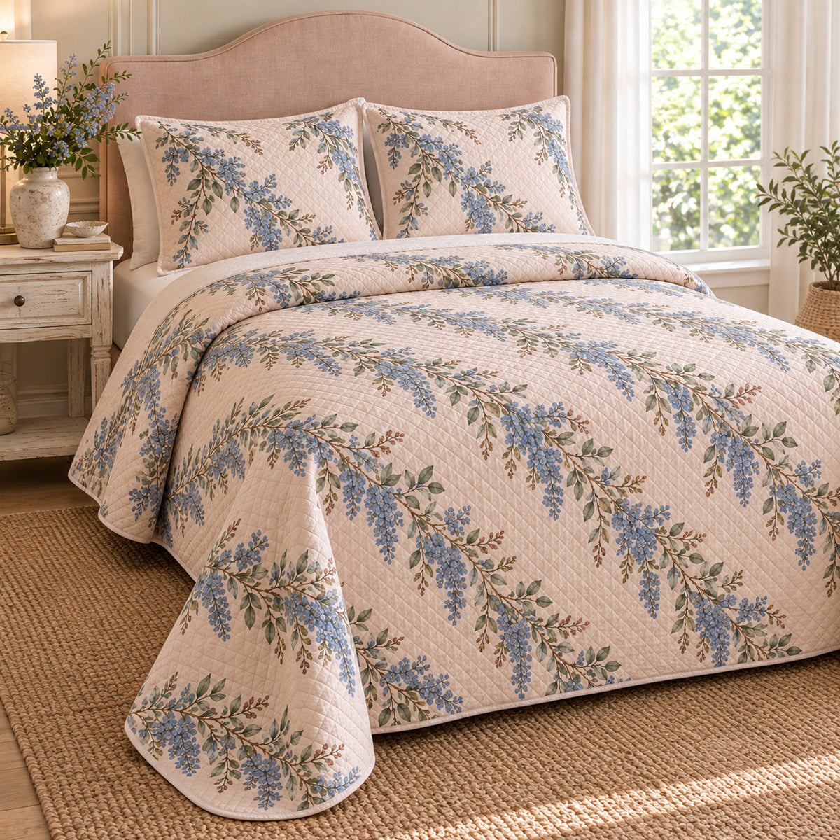 California lilac quilt set, left oblique bedroom view with blue garland print and diamond stitching, AI-generated mockup