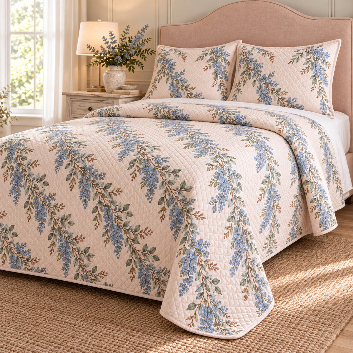 California lilac quilt set, right oblique bedroom view with blue garland print and diamond stitching, AI-generated mockup
